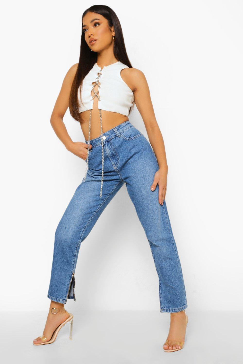 Women s Petite Zip Hem Mom Jeans Boohoo UK